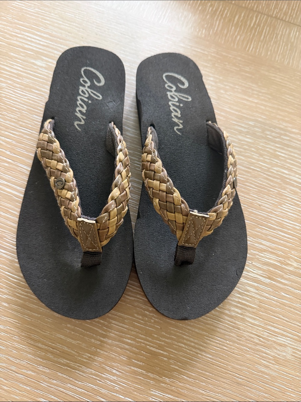 Cobian Braided Tan and Black Thong Sandals